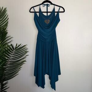 VTG Vizio USA Teal Y2K Rhinestone Heart Cowl Neck Handkerchief Hem Dress L